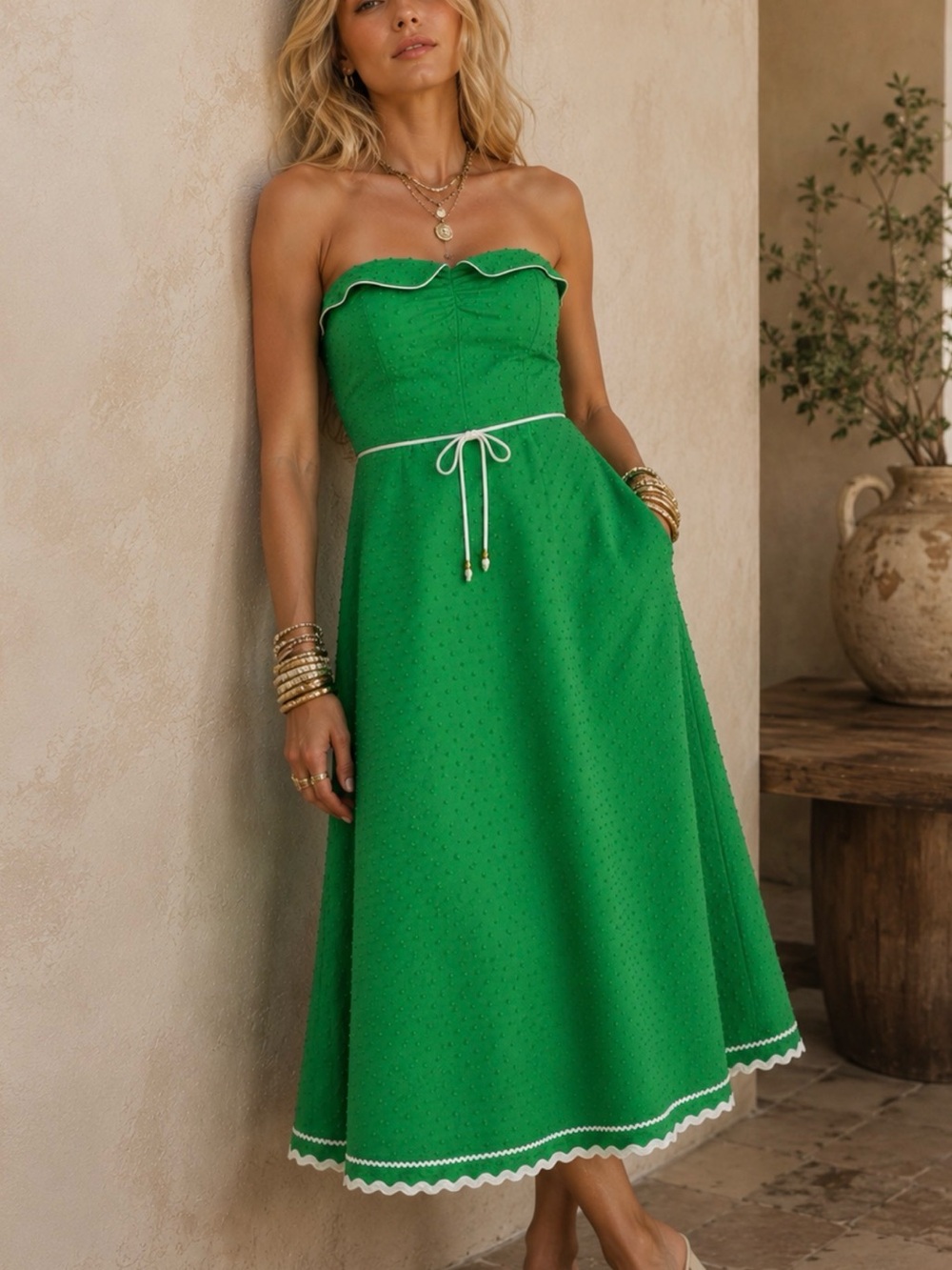 Corey Lynn Carter Anthropologie Green Swiss Dot Strapless Dress Size 2